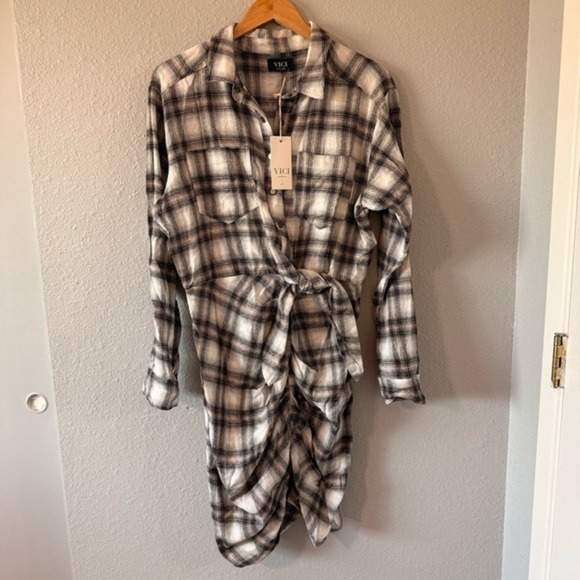 NWT Vici x Fate White Black Fall Plaid Cotton Shirt Dress Women's Size X-Large - Picture 6 of 13